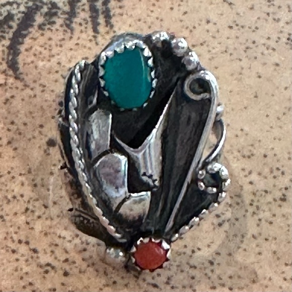 Vintage Old Pawn Sterling Silver Turquoise & Coral Statement Ring  size 7 - Picture 3 of 8